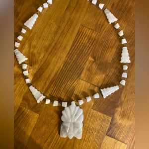 White Quartz Necklace Beaded
Carved Aztec Mayan Mask
Satement Mexico Vintage 27"